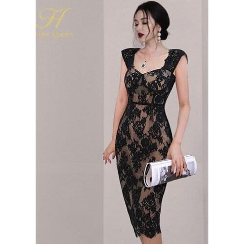 H Han Queen Summer Sexy Lace Patchwork Pencil Bodycon Dress Women Black Knee-Length Sheath Dresses OL Office Work Party Vestidos