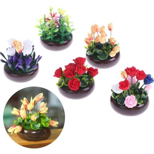1/12 Dollhouse Miniature Multicolor Flower Bush With Wood Pot (Random color) 1pc