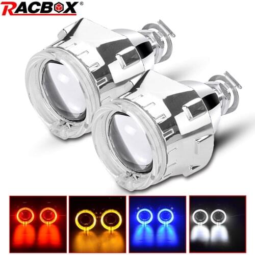 RACBOX 2Pcs Silve Shroud 2.5 inch Universal Bi Xenon HID Projector lens with White Red Blue Yellow Angel eyes Ring For H4 H7 Car