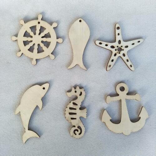 50pcs Mediterranean Style Wood Sea Horse Starfish Dolphin Anchor Helmsman Hanging Decoration, Holiday Party Wedding Supplies