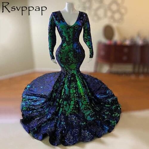 Sparkly Sequin Long Prom Dresses 2021 Sexy Mermaid V-neck Long Sleeve Black And Green African Style Plus Size Party Prom Dress