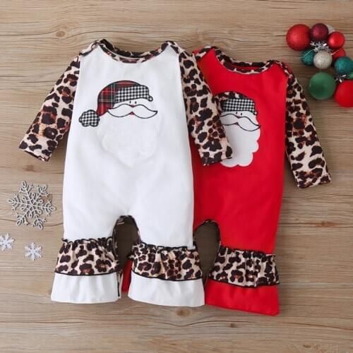 New Fashion Baby Christmas Clothes Santa Claus Patchwork Leopard Flares Baby Romper Festival Baby Girl Clothes Winter Fall 0-18M