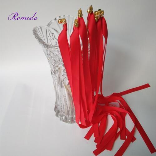 Hot selling 50pcs/lot Red wedding ribbon wands with gold bell for wedding decoration