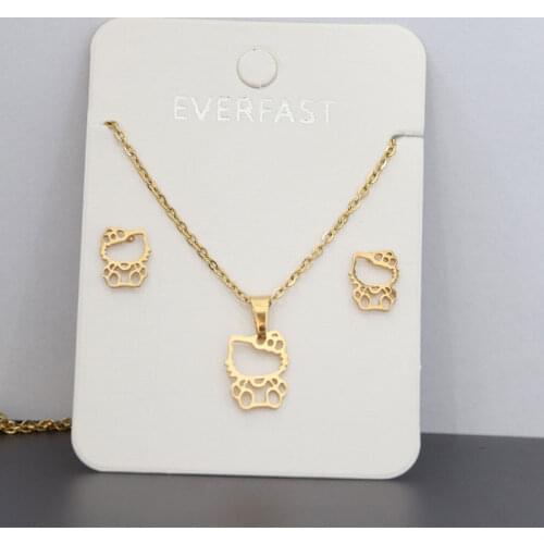 1 set of cartoon fashion cat stainless steel necklace and earrings set, a gift for girls classic jewelry, good luck