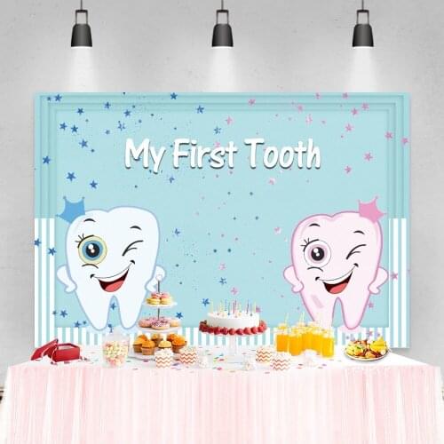 Laeacco My First Tooth 1st Birthday Party Cartoon Prince Boy Photozone Customized Poster Photo Background Photographic Backdrop