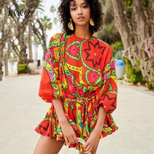 Summer Women Vintage Boho Floral Style Beach Elbow Sleeve Dress Polka Dot Graffiti Tie-Dyed Print Swing Mini Sundress Holiday