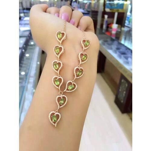 Natural green peridot Necklace Natural olivine Pendant Necklace 925 sliver women Luxury romantic Heart Peach women Jewelry