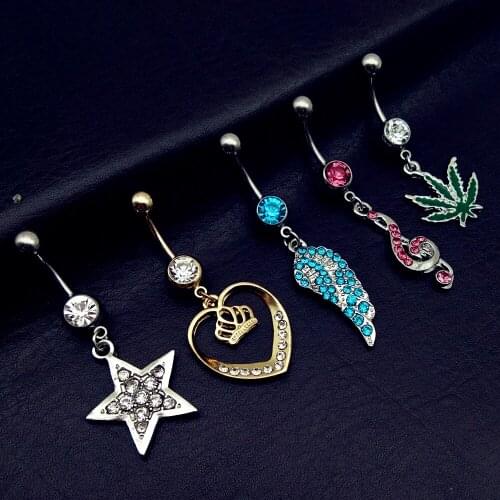 5pcs mix style color Body Piercing Jewelry Heart Bar Ball star feather note pot leaf Navel Belly Button Ring