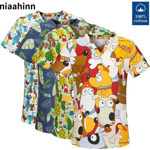 Casual Short Sleeve Women Scrubs Uniforms Women Cute Cartoon Print Nursing Scrubs Tops T Shirt Nurse V-neck Pocket Women Clothes