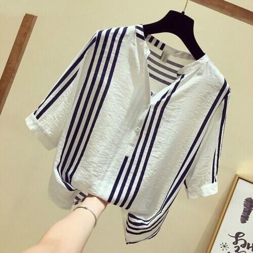 Vertical Striped Shirt Womens Short-Sleeved Korean-Style Loose All-match Shirt Summer Fresh V-neck Shirt