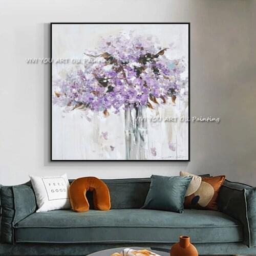 The Hand-painted Color Purple Flower in Glass Bottle Mural Abstract Art Oil Painting On Canvas Paintings For Home Decor Artworks