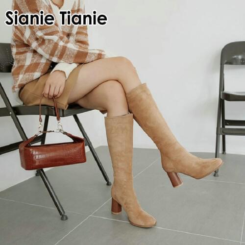 Sianie Tianie 2020 good quality flock knee high boots block round high heels woman booties fashion women riding equestrian boots