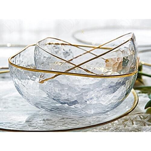 Golden Stroke Glass Fruit Bowl Salad Bowls Dessert Plates Home Dinner Coffee Table Plate Kitchen Dinnerware Food Tray
