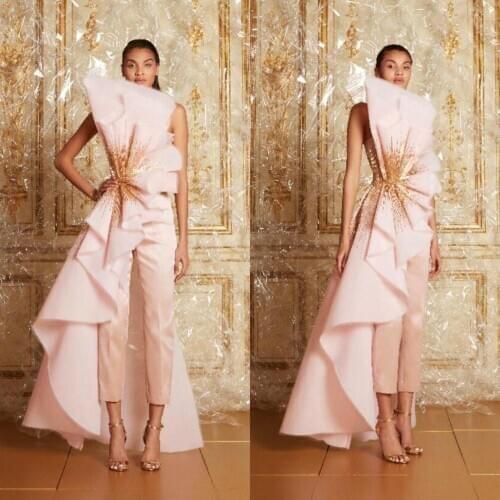 Light Pink Prom Pantsuit With Long Train Strapless Beaded Fashion Women Jumpsuit Party Gowns Custom Made Cheap Evening Dresses