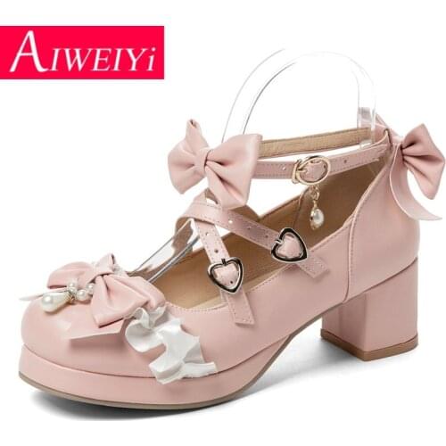 Woman Pumps Shoes Sweet Bow Pearl Platform Shoes Cross Strap Ladies Lolita Gothic High Heels Shoes