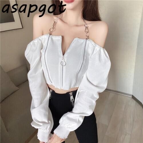 New Korean Chic Autumn White Sexy Halter Slash Neck Woman Tshirts Knitted Slim Wild Tops Short Temperament Fashion Retro OL