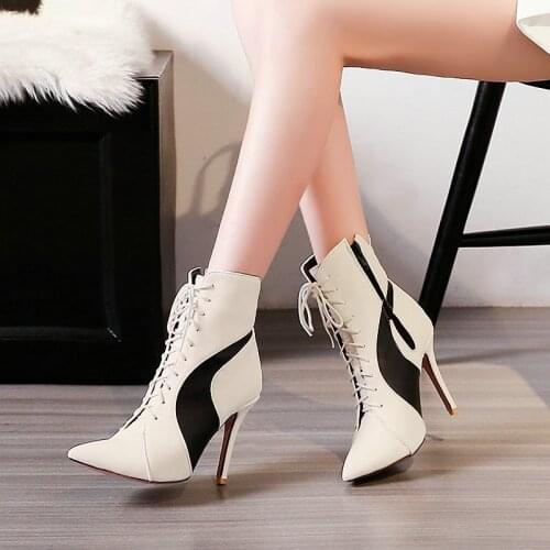 2021 Spring Autumn Ladies Color Matching Short Boots Cross Tied Zipper Womens Shoes Winter Fashion Sexy Thin High Heel Boots