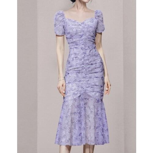 Elegant Temperament Romantic Purple Flowers Party Dress 2021 Women Square Collar Puff Sleeve Slim Ruched Ruffle Fishtail Dress