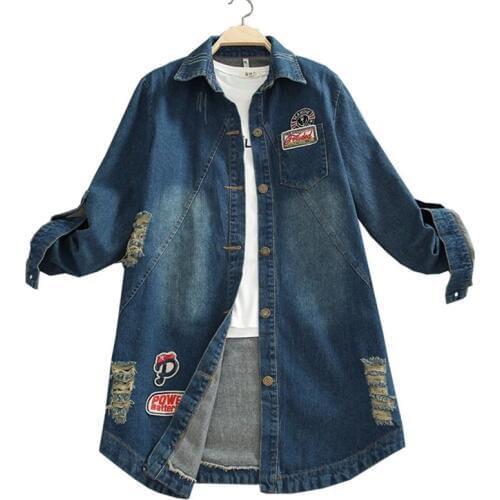 5XL Plus Size Women Loose Denim Coat Patch Hole Autumn Letter Print Windbreaker Fashion Tide Jean Basic Jacket Outerwear PJ315