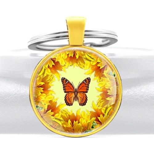 Gold Fashion Flowers and butterflies Glass Dome Pendant Key Chain Charm Men Women Jewelry Gifts Key Rings