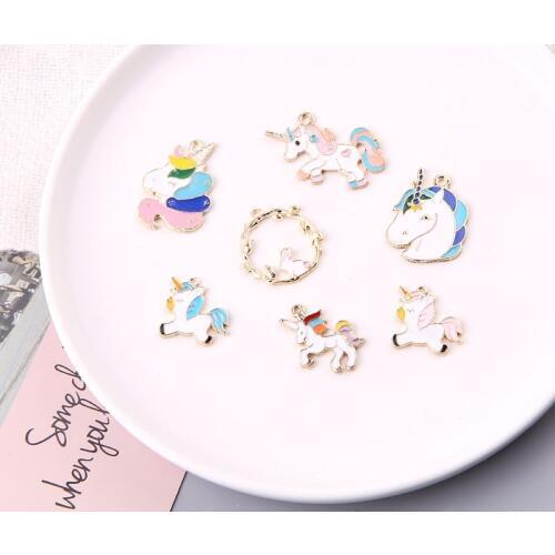 10pcs Oil Drop DIY Chunky Unicorn Enamel Charms Pendants Gold Color Horse Floating Fit Bracelet Earrings Jewelry Accessory FX090