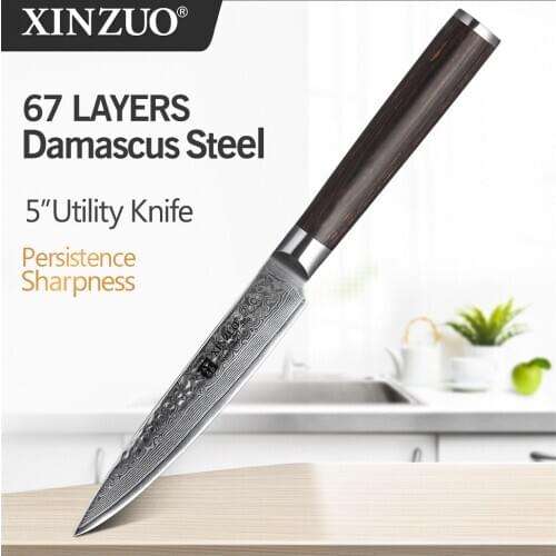 XINZUO 5'' inch Utility Knife Damascus Steel Kitchen Knives Professional Stainless Steel Table Paring Knife Pakka Wood Handle
