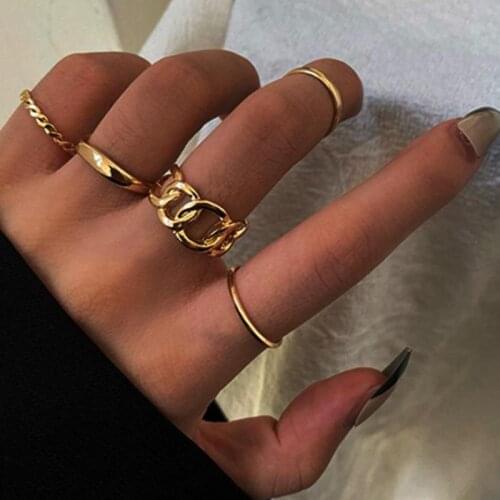 5pcs/set Retro Punk Wide Chain Rings Set For Women Girls Kunckle Midi Irregular Finger Thin Rings Gift Female Party Jewelry