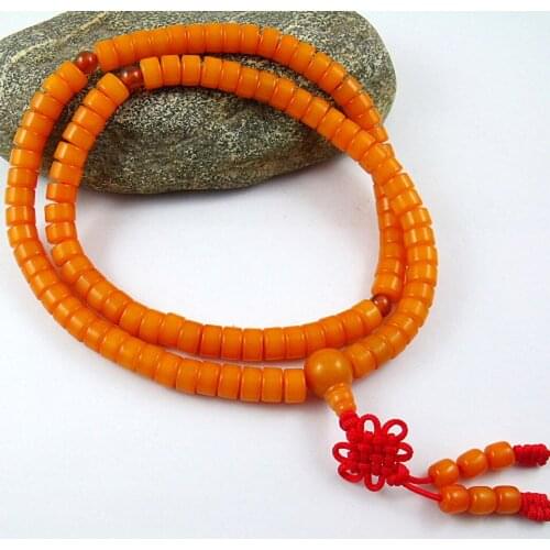 7x7mm Tibetan Buddhism 108 Orange Bodhi Root Mala Necklace