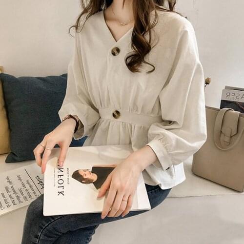 Womens Spring Summer Style Blouses Shirt Womens Elegant Solid Color Button Long Sleeve Temperament Korean Slim Tops DD8583