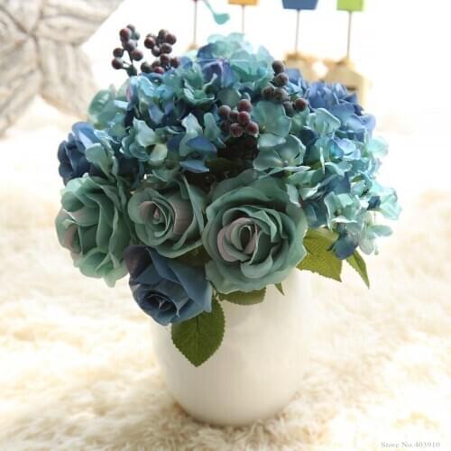 1 Bunch 6pcs Artificial Flowers Blue Rose Silk Flower Bouquet For Home Decoration Hydrangea Fake Flower With Plants Berry