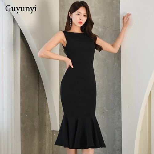 Black Elegant Fishtail Hem Dress 2021 Summer High Waist Tight Dress Simple Sleeveless Sexy Backless Temperament Womens Dresses