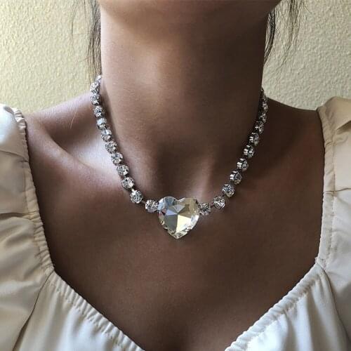 DIEZI Fashion Luxury Full Rhinestone Choker Collar Necklace Women Wedding Glass Heart Pendant Necklaces Korean Statement Jewelry