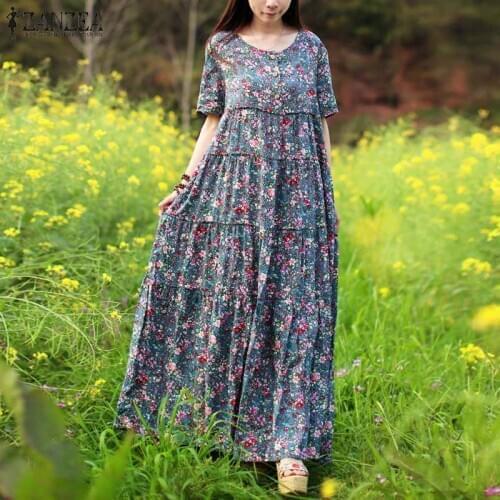 Elegant Printed Dress ZANZEA 2021 Womens Floral Sundress Long Sleeve Maxi Vestidos Female O Neck Casual Baggy Robe Oversized 7