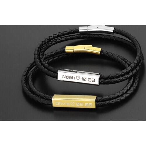 MYLONGINGCHARM Customized Love Date and name Bracelet Stainless steel Leather Man Bracelet Personailze souvenir Anniversary gift