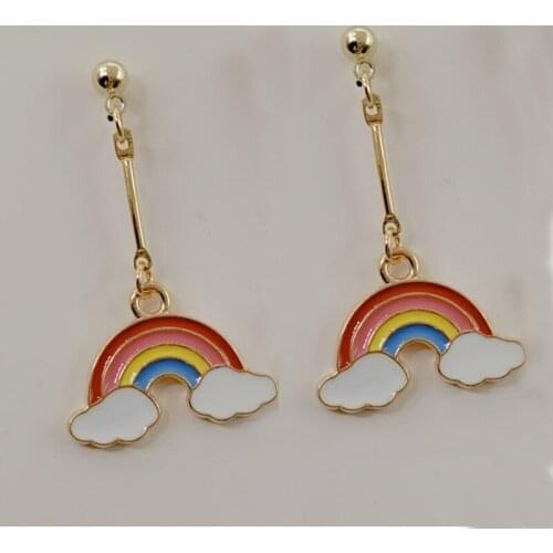 Korea Fashion Rainbow Lady Earrings Cute Gold Enamel Metal Pendant Earrings Jewelry Accessories Asymmetrical Lady Earrings Gift