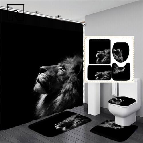 Lion Zebra Shark Animal Print Shower Curtain Set Black Waterproof Bathing Screen Flannel Toilet Lid Cover Home Mat Decor Carpet