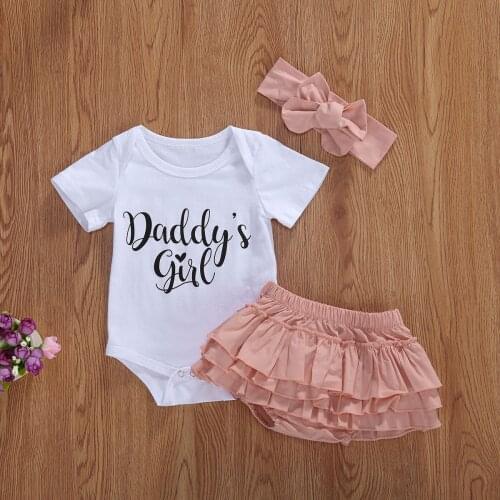New 3Pcs/Set Baby Girl Rompers Letters Clothes Short Sleeve Jumpsuit+Short Pants+Headband Set