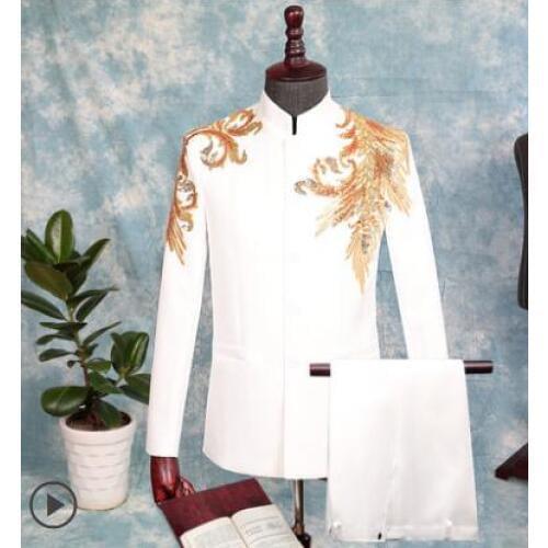 Clothes men Chinese tunic suit stage singers embroidered jacket men sequins blazer dance Chinese style dress stand collar white
