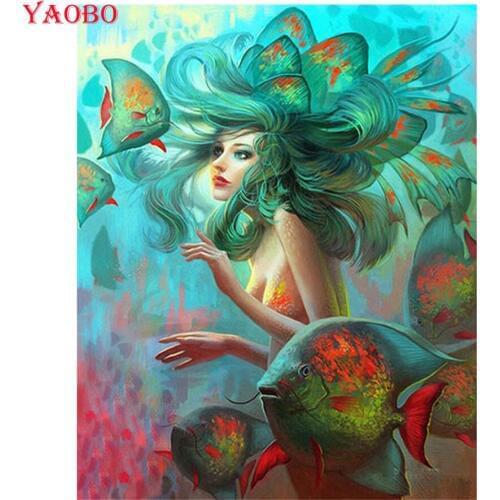 Full DIY Diamond Painting Diamond Embroidery Cartoon Mermaid And Fish Needlework Mosaic Handmade 5D Cross Stitch Home Decor