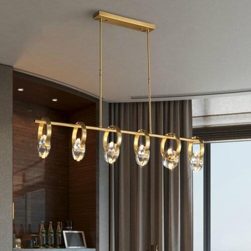 Copper Luxury LED Chandelier G4 Modern Simple Dining Room Island Hanging Light Bar Restuarant Crystal Coffee Long Pendant Lamp