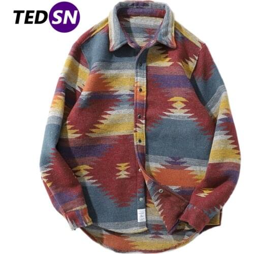 Long Sleeve Shirt Streetwear Dress Shirt Coats Men Hip Hop Tie Dye Knitted Shirt Snap Button Shirts Autumn Vintage Cotton Tops