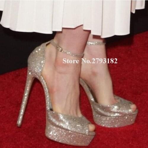 Bling Bling Peep Toe High Platform Glitter Stiletto Heel Sandals Gold Shining Ankle Strap High Heel Sandals Wedding Heels
