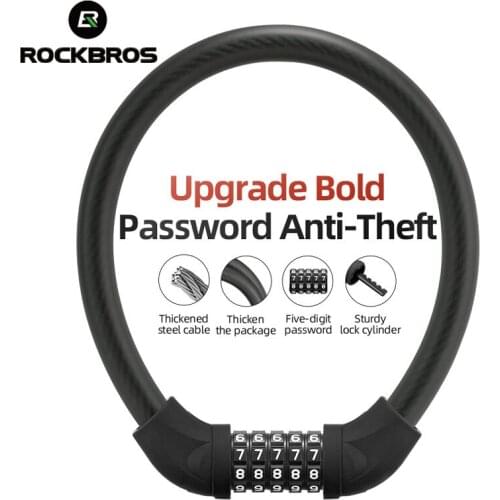 ROCKBROS Bike Lock Steel Five-digit Code Anti-theft 1.72CM Bold Cable Password Lock PVC Wrapped Lock MTB Road Bike Accessories