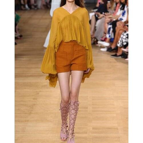 Yidora 100% SILK 2016 womens Luxury fashion Dropped shoulder v-neck Short Front pleated Long Lantern Sleeved Uneven Top Shirt