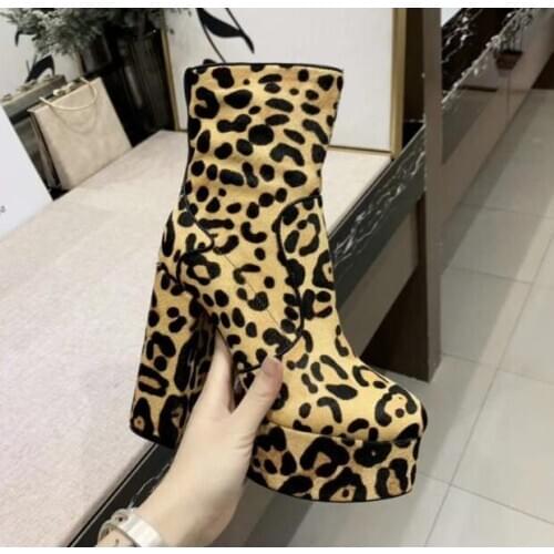 High Platform leopard Genuine Leather Winter Martin boots Brand Designer height increasing Mid-Calf shoes Woman