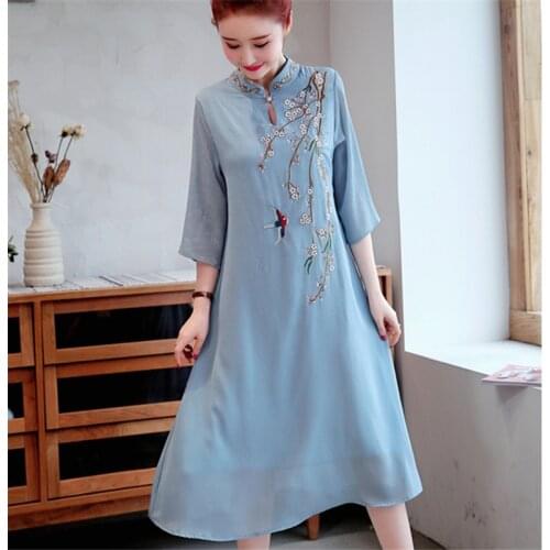 2021 Summer Fashion New Style Chinese Style Embroidery Stand-Up Collar 7-Point Sleeve Comfortable Dress Female Trendy H023