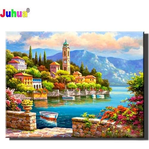 Village Clock Tower Scenery Diamond Painting Full Square/Round Drill Diy 5D Diamond Embroidery Mosaic Needlework Home Art JH1813