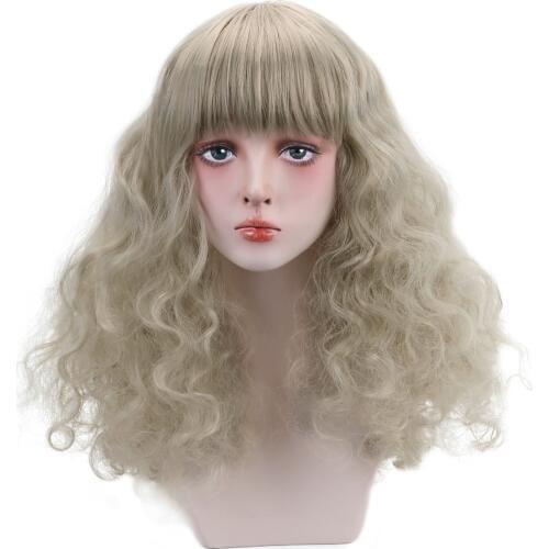 Free Beauty 20'' Synthetic Long Curly Ashy Blonde Brown Hair Wigs with Blunt Bangs for Women Lolita Cosplay Costume Halloween