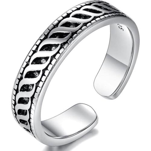 Black Geometric Vintage Adjustable Finger Thai Silver Color Ring For Women Mens Fashion Korean Simple Jewelry Gifts S-R2189