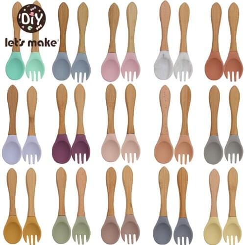 Lets make1set Baby Tableware Set Baby Bamboo Spoon Fork Wooden Toddler Dinnerware Learn To Eat Training Fork Children Tableware